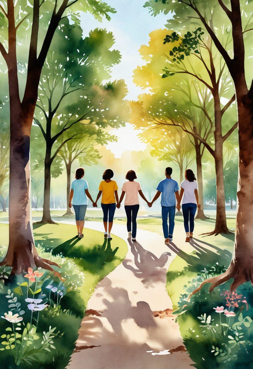 A gentle, supportive landscape featuring a winding path through a serene park, with diverse individuals holding hands, representing strength and unity. Scattered around are symbols of resources, like pamphlets, ribbons, and hearts, glowing softly. The sun peeks through trees, casting warm light, embodying hope and healing. Elements of advocacy, like signs with uplifting messages, are subtly integrated. watercolors. warm tones. soft focus.