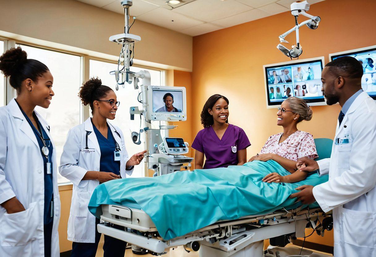 A diverse group of healthcare professionals engaged in a lively discussion, surrounded by advanced medical equipment and research materials. In the background, uplifting visuals of thriving patients and families symbolize hope and transformation. A warm color palette that conveys compassion and innovation. super-realistic. vibrant colors.